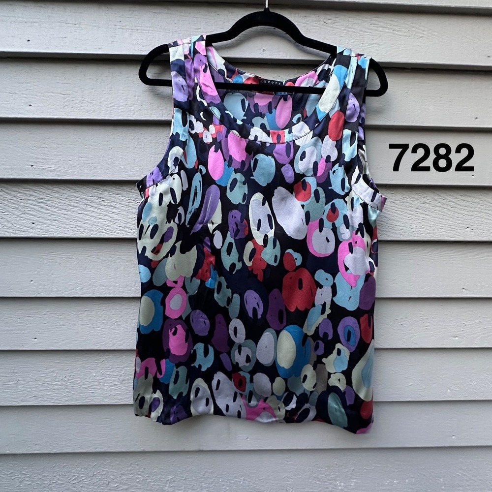 Theory Bomina Multi Color Abstract Bubble Print Silk Blend Tank Top Womens L